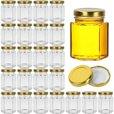 24 sechseckige Einmachgläser 90 ml mit Golddeckel