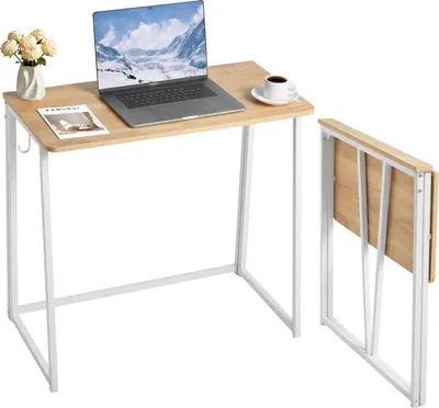 Zdjęcie produktu dla Składane biurko - Składany stolik pod komputer - Blat 80 x 48 cm - Oszczędność miejsca - Z haczykami do przechowywania - Nośność 68 kg - Do domowego biura i małych pomieszczeń - Dąb