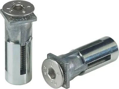 Two metal anchors with screws are shown against a white background.