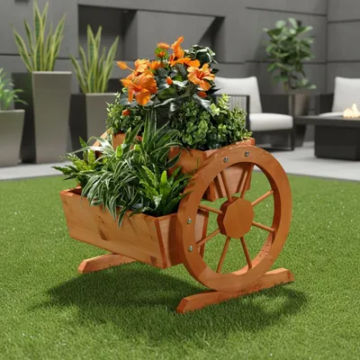 Produktbild von Mucola Pflanzkübel mit Wagenräder aus Holz Garten Dekoration Blumentrog Holzkasten Blumentopf Blumenkasten - Braun