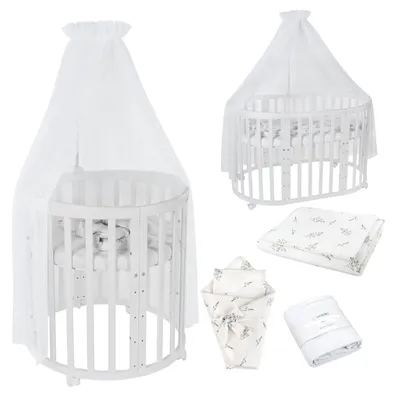 Produktbild von Waldin Babybett OWAL Kinderbett 7in1 mit Matratze, mitwachsendes Kinder-Bett,Stoffe Weiß Zweige,Holz weiß