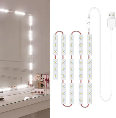 LED strip lights for a makeup mirror, shown both installed on a mirror and as a separate product with its USB cable and controller.