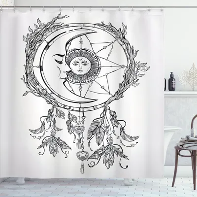 Produktbild von ABAKUHAUS Mystiker Duschvorhang, Stammes Ethnische Dreamcatcher Federn Sonne Mond Innerhalb Kosmos Künstlerischen Bildes, 175 x 220 cm, Weiß Schwarz