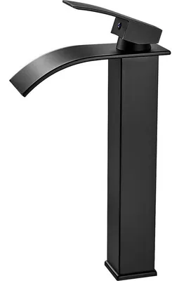 Immagine prodotto di Ibenzoa® Miscelatore monocomando per lavabo, finitura nero opaco, erogatore a cascata, altezza dell'erogatore 232 mm, realizzato in ottone senza piombo – ideale per lavabi da appoggio