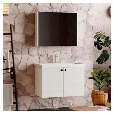 Produktbild von Badezimmermöbel Set Weiß | 3-teiliges Badmöbelset | Waschtisch mit Unterschrank | Waschbecken | Spiegelschrank | Waschbeckenunterschrank | Badschränke | Komplettset