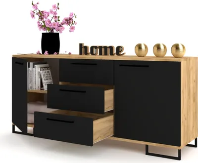 Produktbild von Euro Style Kommode mit Schubladen und 2 Türen Schrank Sideboard Tv Schrank für Wohnzimmer/Schlafzimmer Schubladenkommode 150x68,5x40 cm, Golden Eiche/Schwarz Matt