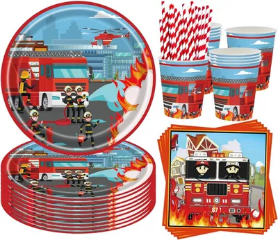 Imagen del producto de Servicio infantil para bomberos, de 68 piezas, incluye platos de 9" y 7", servilletas, vasos de cartón, ideal para fiestas de cumpleaños infantiles