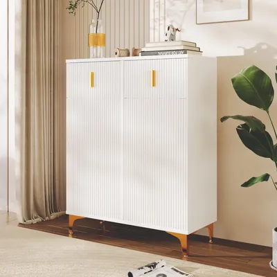 Image de MODFU Buffet - Design Moderne avec 2 Portes, 2 Tiroirs et Poignées Dorées, Meuble de Rangement, 82x35x101 cm, Blanc