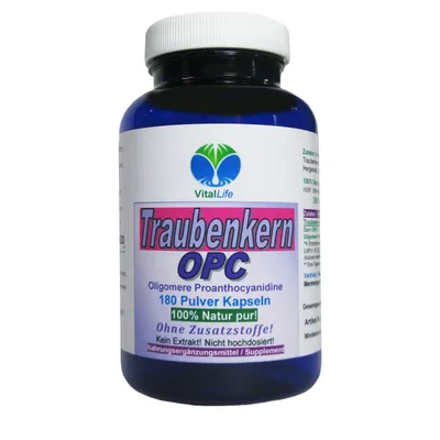 Produktbild von Traubenkern OPC 180 Pulver Kapseln NATUR Pur NICHT hochdosiert KEIN Extrakt OHNE Zusatzstoffe OHNE Füllstoffe.
