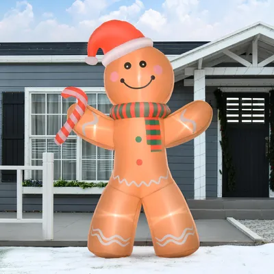 Produktbild von Aufblasbarer Lebkuchenmann 240 cm mit LED, Weihnachtsdeko Garten, selbstaufblasend, wetterfest, Polyester | 170 x 65 x 240 cm | Gelb