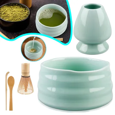 Produktbild von Matcha Tee Set, mit Matcha-Schneebesen, Besenhalter, Matcha Schale aus Keramik, 2 Teelöffel, Perfekte Set für die Zubereitung