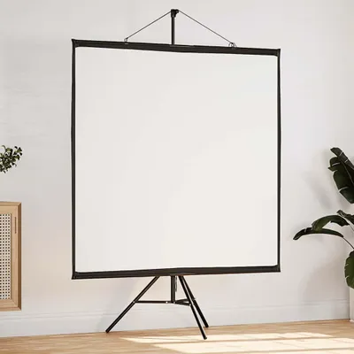A white projection screen with a black frame and tripod stand is set up against a white wall.