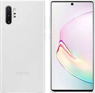 A white Samsung phone case is shown from the back and the front screen is displayed next to it.