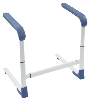 Zdjęcie produktu dla Uchwyt pomocniczy do wstawania, montowany przy łóżku i toalecie - podpora do wstawania/pomoc w podnoszeniu - regulowana szerokość 59–64 cm - do 150 kg - stal węglowa - biały/niebieski
