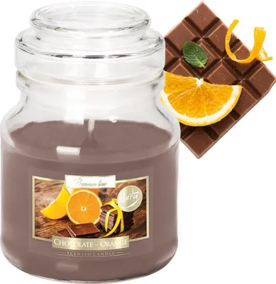 Productafbeelding van Geurkaars in glazen pot met deksel, geur: chocolade-sinaasappel. Brandduur: ongeveer 28 uur
