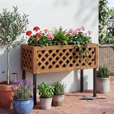 Produktbild von Hochbeet HWC-P86, Blumen-/Pflanzkasten Pflanzgefäß, In-/Outdoor Akazie Holz - 59x82x32cm braun