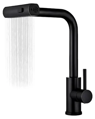 Produktbild von Wasserfall Küchenarmatur Ausziehbar Schwarz, Hochdruckarmatur mit Brause, Spültischarmatur mit 3 Strahlarten, 360° Drehung, Gebürsteter Edelstahl