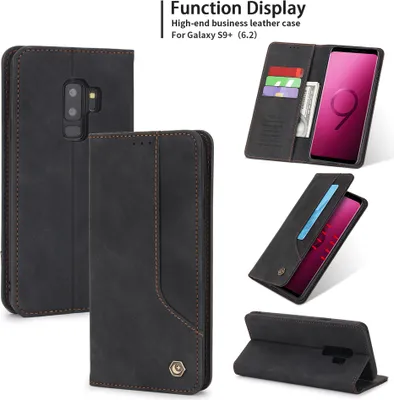 Produktbild von Galaxy S9 Plus Hülle, LaimTop Retro Kunstledertasche Schutzhülle mit Kartenfach Standfunktion für Samsung Galaxy S9 Plus Schwarz