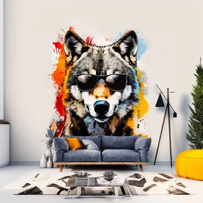 farbenfroher Wolf mit Sonnenbrille – Decords Wandtattoo, Produktansicht 1