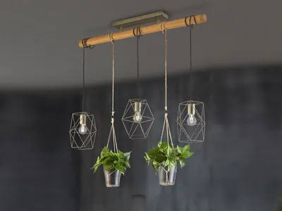 Produktbild von Vintage LED Pendelleuchte Holz & Metall 3-flammig Hängelampe über Esszimmertisch