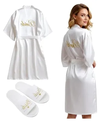 Produktbild von Morgenmantel für Damen, Kimono für Hochzeiten, Set mit Hotelpantoffeln, Stilvolles Outfit für Braut und Bräutigam, Optimal für die Hochzeitsvorbereitungen