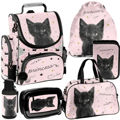 Produktbild von Schulranzen 6-tlg. Set für Mädchen & Jungen KITTY KATZE – Paso Ranzen, Mäppchen, Tasche, Flasche, Frühstückstasche