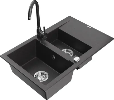 Produktbild von Mexen Gaspar 1,5-Becken-Granitspüle mit Abtropffläche und Mischbatterie Telma, Schwarz gesprenkelt - 6507-76-670200-76