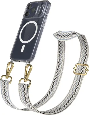 Produktbild von EAZY CASE - Handykette mit MagSafe Hülle für Apple iPhone 17 Pro, Handyband Wave Style, Karabiner Gold, Umhängeband in Beige