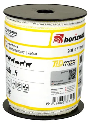 Produktbild von horizont Weidezaunband ranger T12-W, 200 m lang, 12 mm breit, Breitband Litze, Weidezaun Strom, Elektrozaun, für mittlere Zäune, 60 kg Bruchlast, Band, Litze Weidezaun