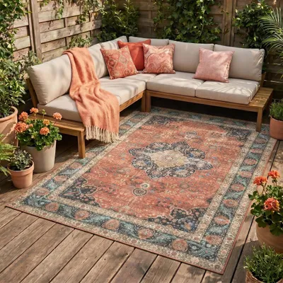 Produktbild von Volero - Outdoor Teppich Vintage - Kairo Medaillon Terra Dunkelblau - 160x230 cm - Wohnzimmer, Esszimmer, Balkon, Garten, Terrasse - Retro