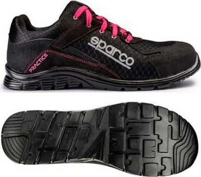 A black Sparco safety shoe with pink laces and stitching, shown from the side and from the sole.