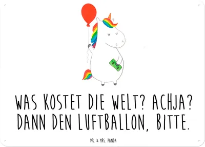 Produktbild von Mr. & Mrs. Panda Schild Einhorn Luftballon DIN A6 - Weiß - Geschenk, Geld, Einhörner, Freude, Deko, tafel, Unicorn, Magnetschild, Türschild, Wandbild, Retro Blechschild