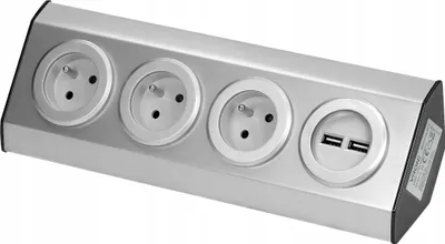 A silver power strip with four outlets and two USB ports, shown at an angle against a white background.