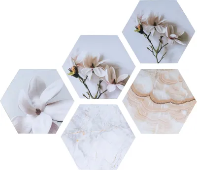 Produktbild von Hexagon Wandaufkleber je 32x28cm Wanddeko Blume Weiß Wandbild Holzbild Deko