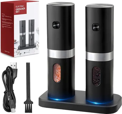 Produktbild von 2er Set Elektrische Salz und Pfeffermühlen Salzmühle Pfeffermühle Gewürzmühle, Wiederaufladbare Gewürzmühle mit Doppelter Ladestation, Bürste, LED-Licht und Einstellbarer Grobheit