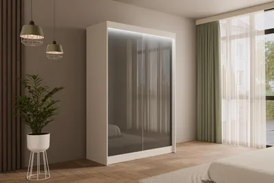 Produktbild von ALTDECOR Kleiderschrank mit Lacobel-Schiebetüren, kugelgelagerte Führungsschienen und Aluminium- Leisten, LED-Beleuchtung (weiß + 16 Farben) und Fernbedienung - PEKA - 150 cm Weiß /  Grau