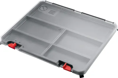 A clear, well-lit studio shot of a gray plastic organizer box with a transparent lid and red latches.