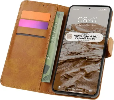 Produktbild von Kaardivahega mobiiliümbris Bizon Redmi Note 14 5G/Poco M7 Pro 5G Wallet, pruun