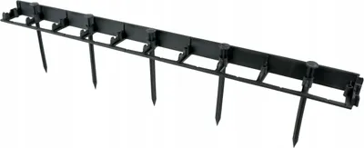 A black plastic garden edging product with stakes.