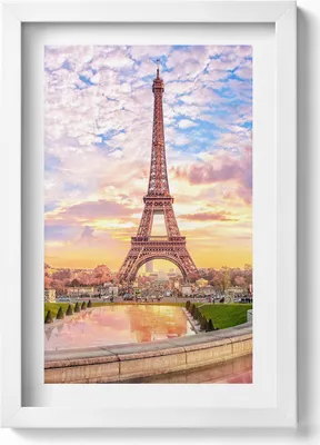 Produktbild von Romantischer Blick auf den Eiffelturm in Paris– Wandbild mit Rahmen – Gerahmtes Bild  – Wanddekoration – 20x30 cm – Weiß