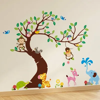 Image de Grands stickers muraux pour enfants – Arbre, singe et éléphant