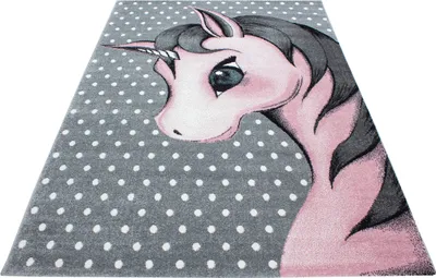 Produktbild von Kinder Teppich Kinderzimmer für Jungs und Mädchen Pink 140x200 weich Einhorn-Design bunt aus Regenbogen Fußball uvm. Rechteck aus Polypropylen