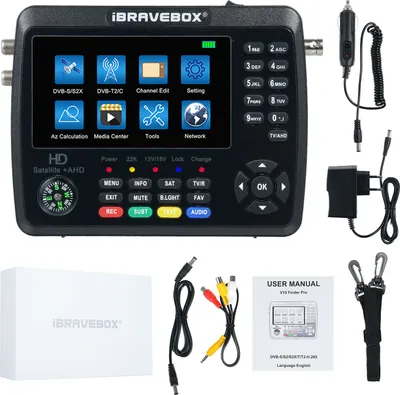A product shot of a satellite finder device and its accessories, laid out on a white and gray background.