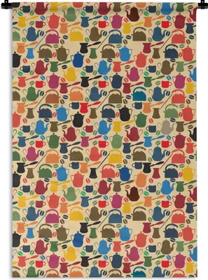 Produktbild von MuchoWow® Wandteppich Wandbehang Muster - Kaffee - Teekanne - Retro 60x90 cm Tapisserie Dekoration Wandtuch - Foto-Teppich - Abwaschbar