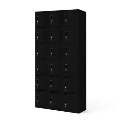 A tall, black metal locker unit with 18 individual compartments, each with a lock, is shown against a white background.