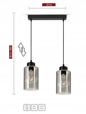 A product image of a black, two-light pendant lamp with glass shades, shown against a white background with measurement indicators.