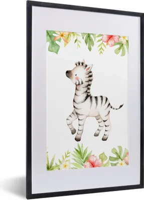 Produktbild von MuchoWow® MuchoWow® Gerahmtes Poster Zebra - Dschungel - Blumen - Pflanzen 40x60 cm - Poster mit zchwarzem Bilderrahmen - Poster in Rahmen