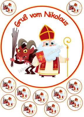 Produktbild von Nikolaus und Krampus Tortenbild 20 cm rund mit Keksauflegern in 4 cm auf Premium Fondantpapier