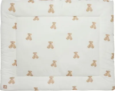 A flat lay of a padded play mat with a repeating pattern of teddy bears.