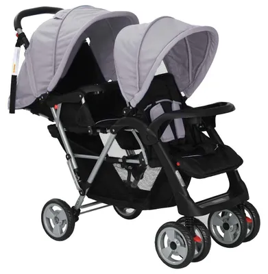 Produktbild von vidaXL Tandem-Kinderwagen Stahl Grau und Schwarz